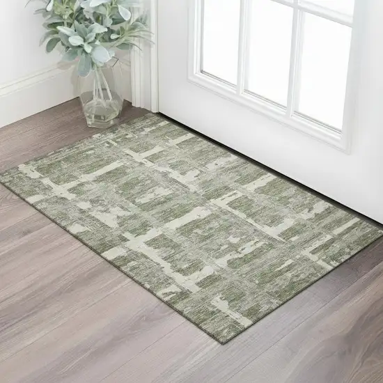 Olive Green And Beige Striped Washable Area Rug With UV Protection Photo 1