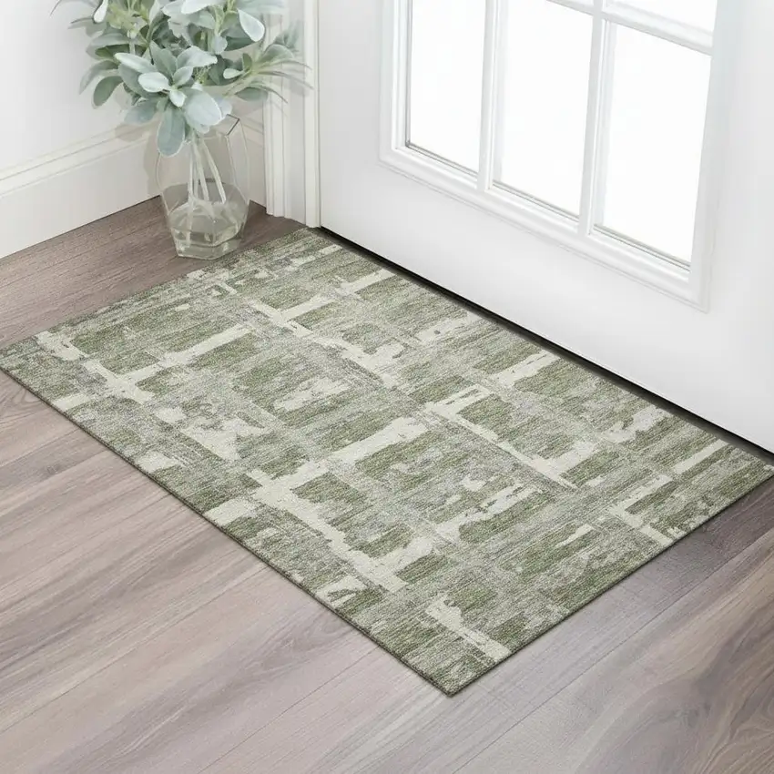 Olive Green And Beige Striped Washable Area Rug With UV Protection Photo 1