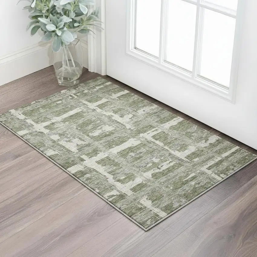 Olive Green And Beige Striped Washable Area Rug With UV Protection Photo 2