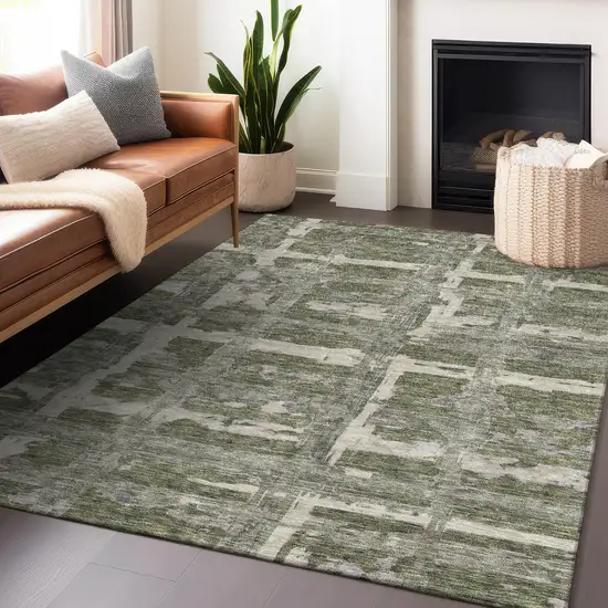 Olive Green And Beige Striped Washable Area Rug With UV Protection Photo 6