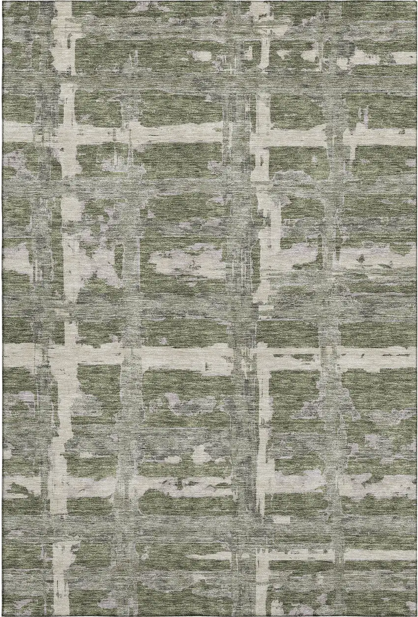 Olive Green And Beige Striped Washable Area Rug With UV Protection Photo 1