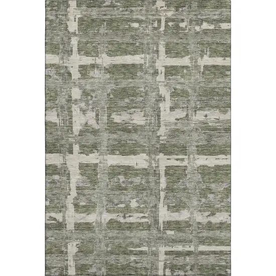 Olive Green And Beige Striped Washable Area Rug With UV Protection Photo 1