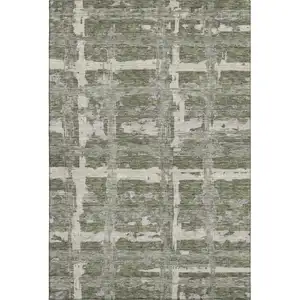 Photo of Olive Green And Beige Striped Washable Area Rug With UV Protection