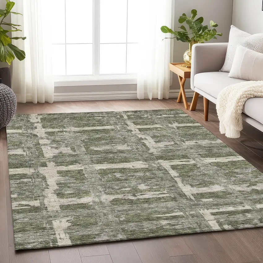 Olive Green And Beige Striped Washable Area Rug With UV Protection Photo 4