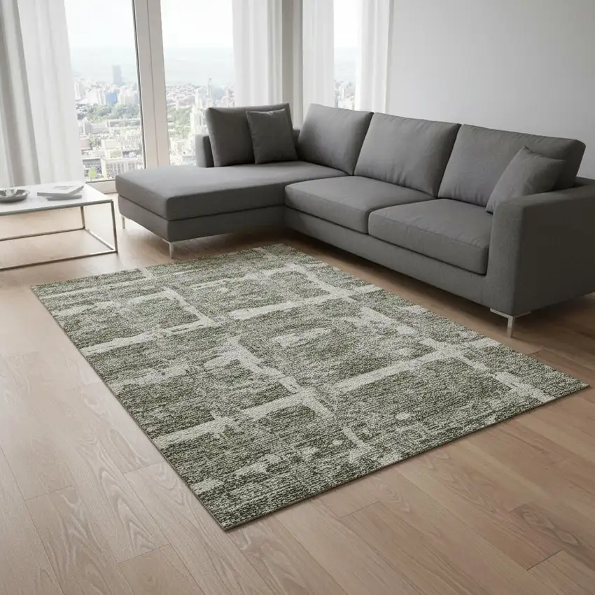 Olive Green And Beige Striped Washable Area Rug With UV Protection Photo 2