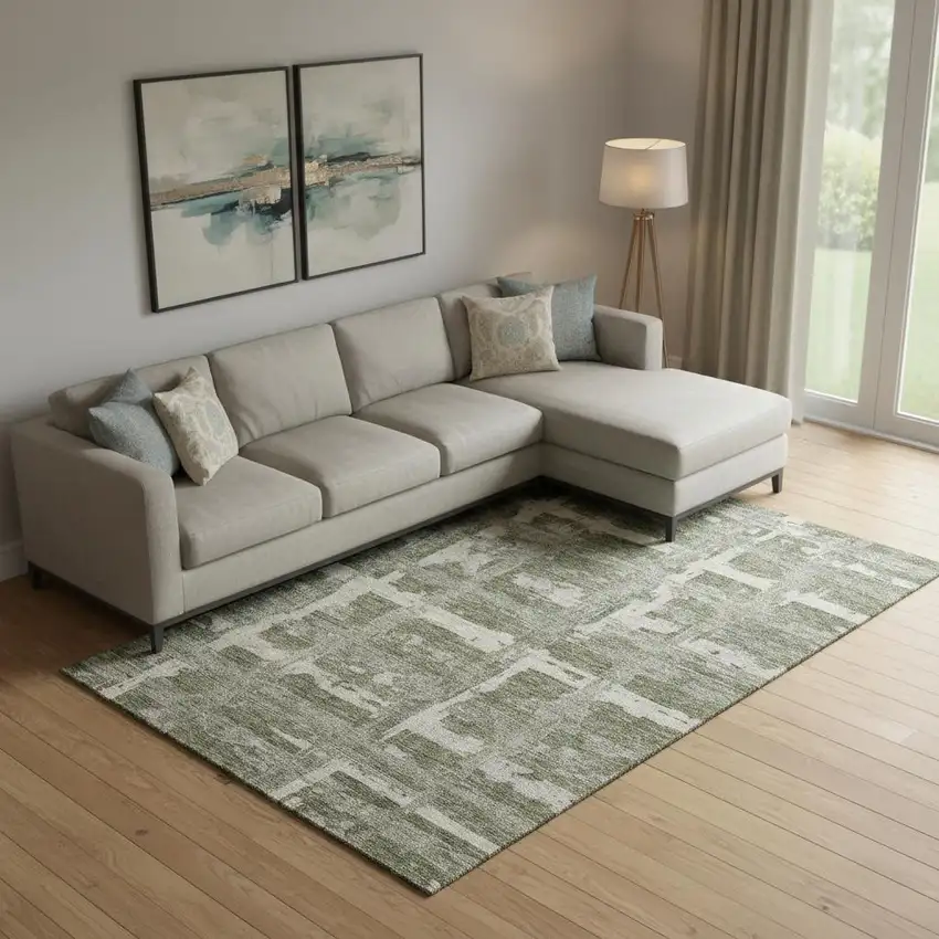 Olive Green And Beige Striped Washable Area Rug With UV Protection Photo 1