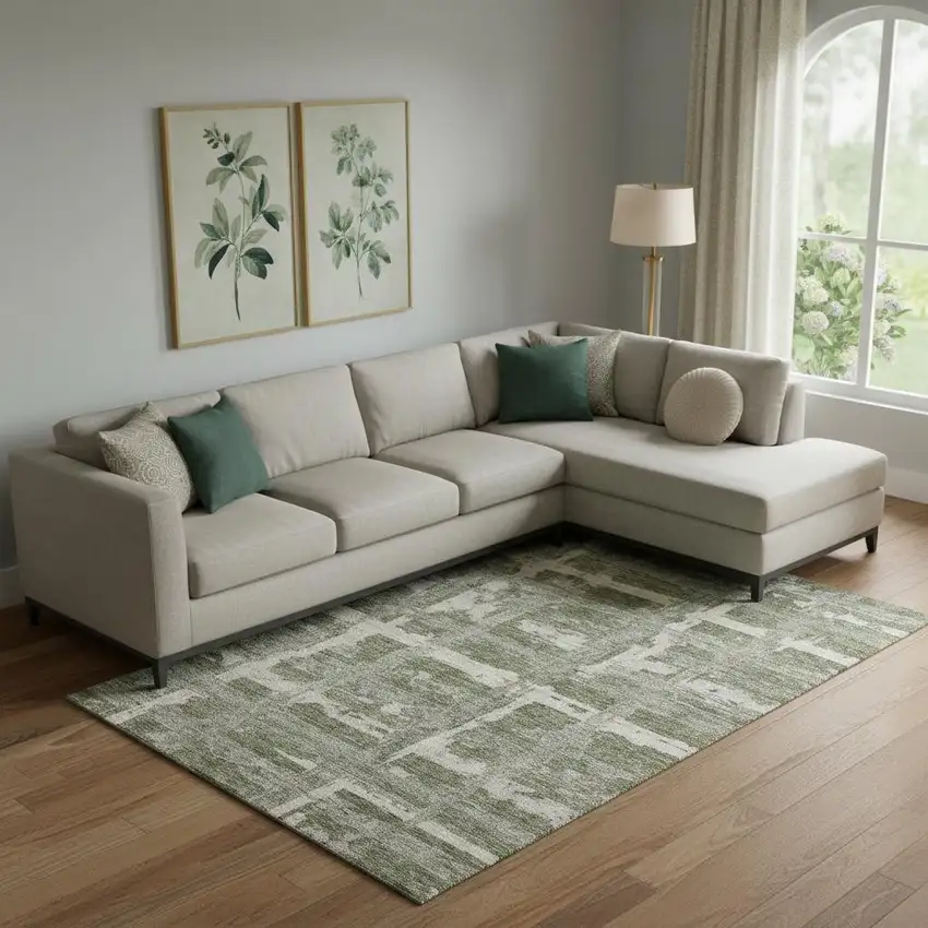 Olive Green And Beige Striped Washable Area Rug With UV Protection Photo 1