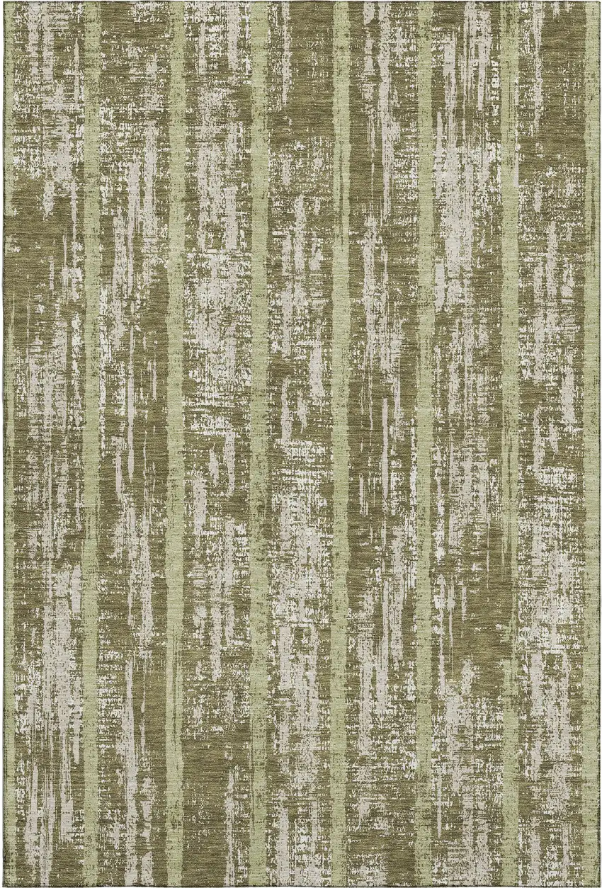 Olive Green And Beige Striped Washable Area Rug With UV Protection Photo 6