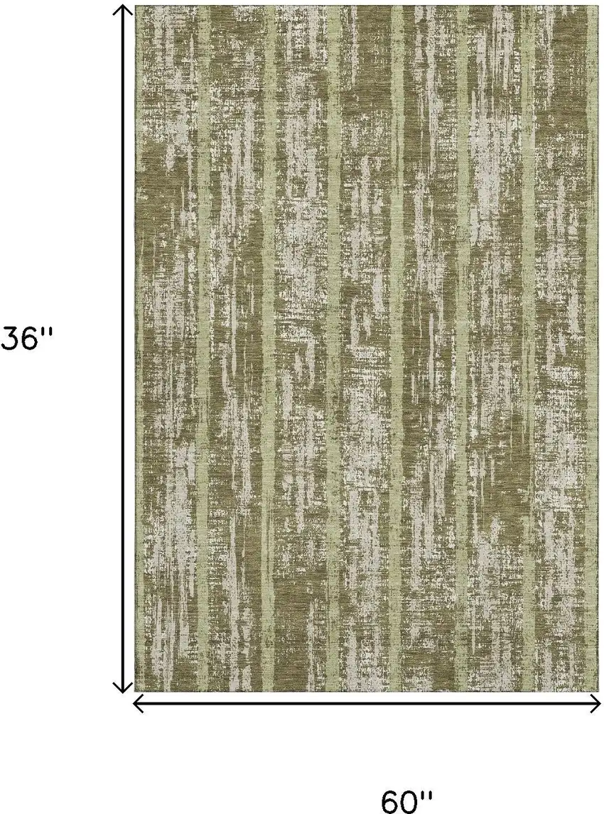 Olive Green And Beige Striped Washable Area Rug With UV Protection Photo 3