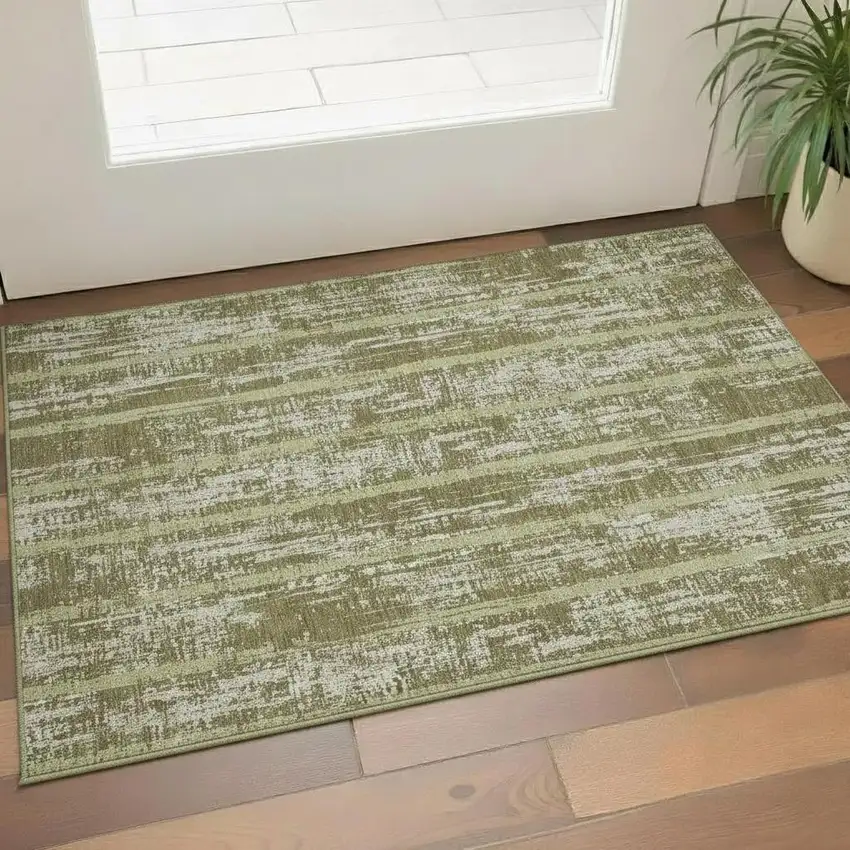 Olive Green And Beige Striped Washable Area Rug With UV Protection Photo 1