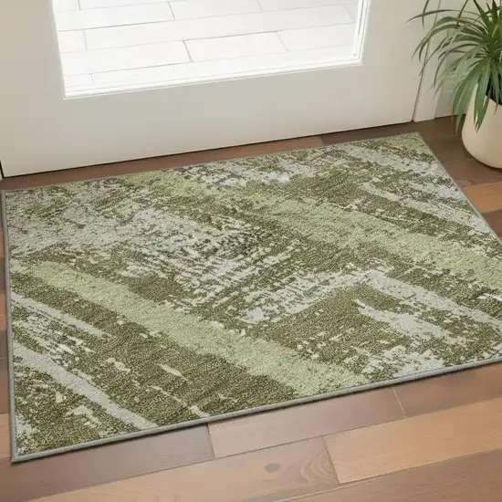 Olive Green And Beige Striped Washable Area Rug With UV Protection Photo 2