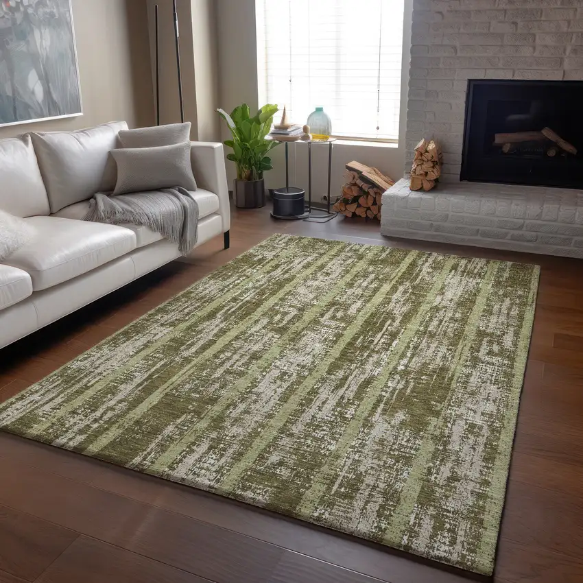 Olive Green And Beige Striped Washable Area Rug With UV Protection Photo 5