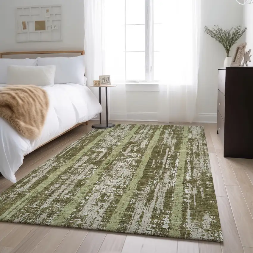 Olive Green And Beige Striped Washable Area Rug With UV Protection Photo 4