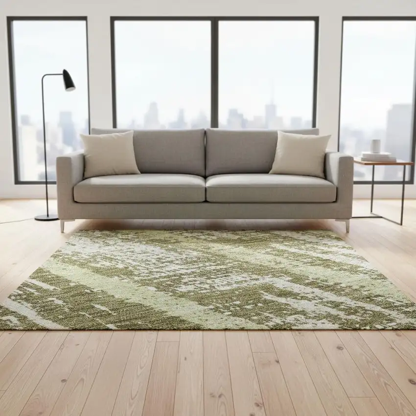 Olive Green And Beige Striped Washable Area Rug With UV Protection Photo 2