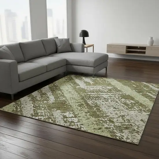 Olive Green And Beige Striped Washable Area Rug With UV Protection Photo 2