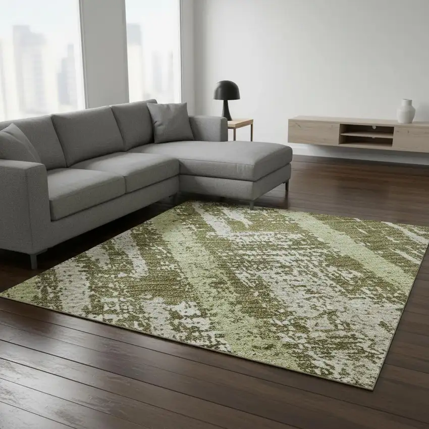 Olive Green And Beige Striped Washable Area Rug With UV Protection Photo 2