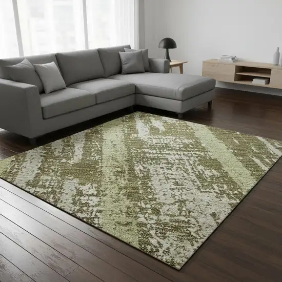 Olive Green And Beige Striped Washable Area Rug With UV Protection Photo 2