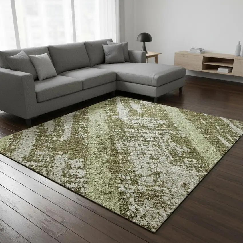 Olive Green And Beige Striped Washable Area Rug With UV Protection Photo 2