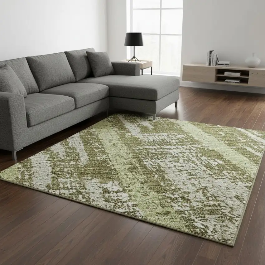 Olive Green And Beige Striped Washable Area Rug With UV Protection Photo 2
