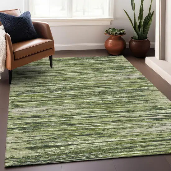 Olive Green And Beige Striped Washable Area Rug With UV Protection Photo 5