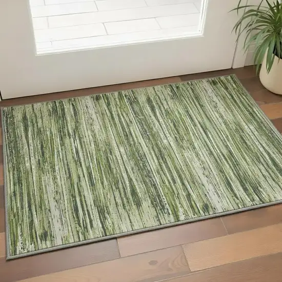 Olive Green And Beige Striped Washable Area Rug With UV Protection Photo 2