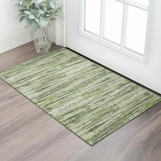 Olive Green And Beige Striped Washable Area Rug With UV Protection Photo 1