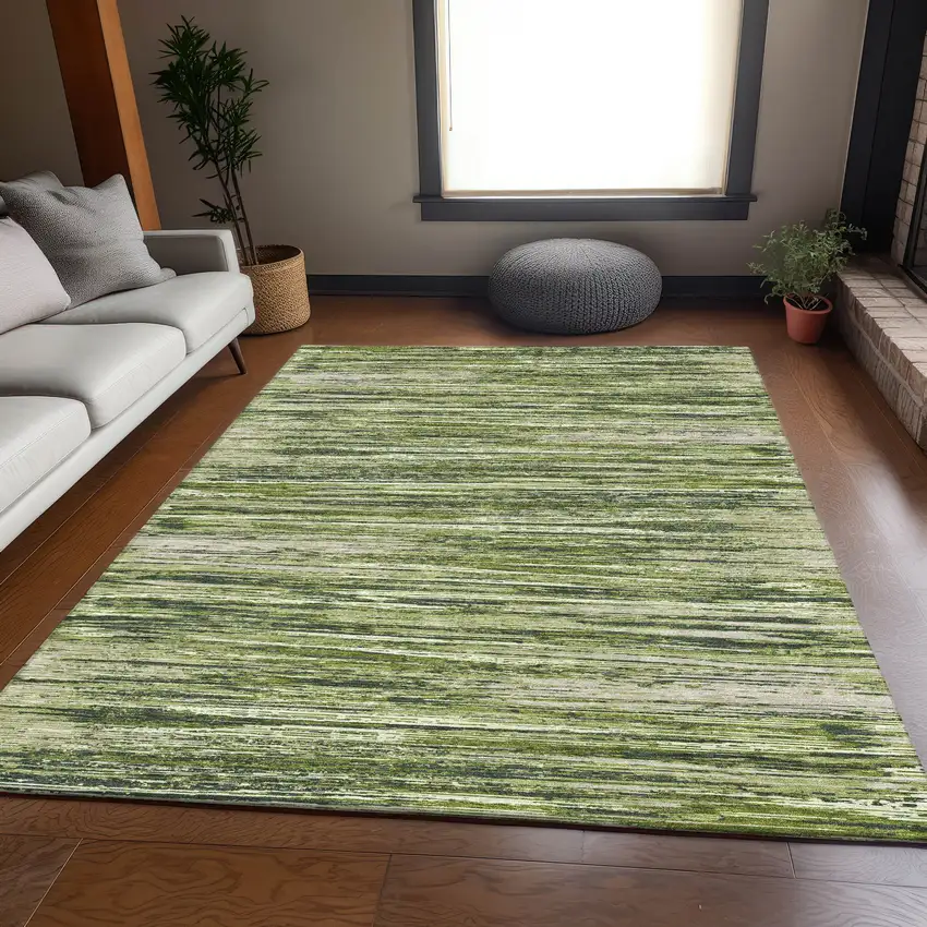 Olive Green And Beige Striped Washable Area Rug With UV Protection Photo 6