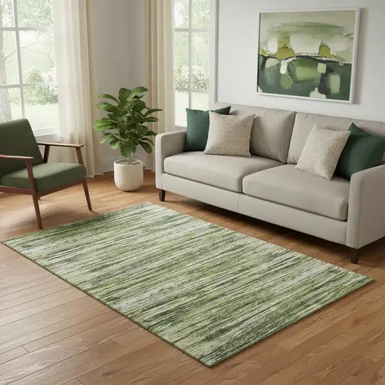 Olive Green And Beige Striped Washable Area Rug With UV Protection Photo 1