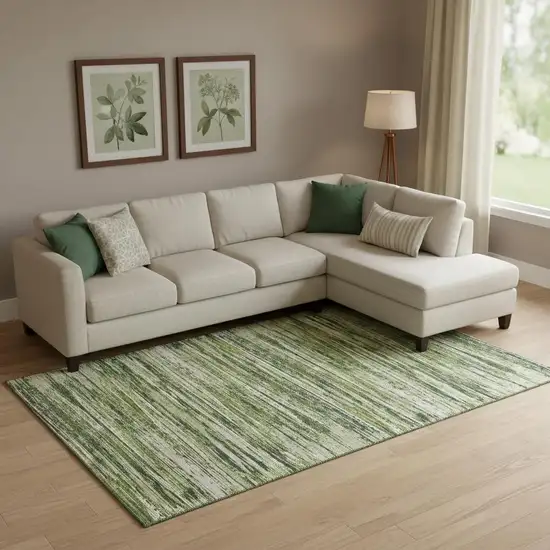 Olive Green And Beige Striped Washable Area Rug With UV Protection Photo 1