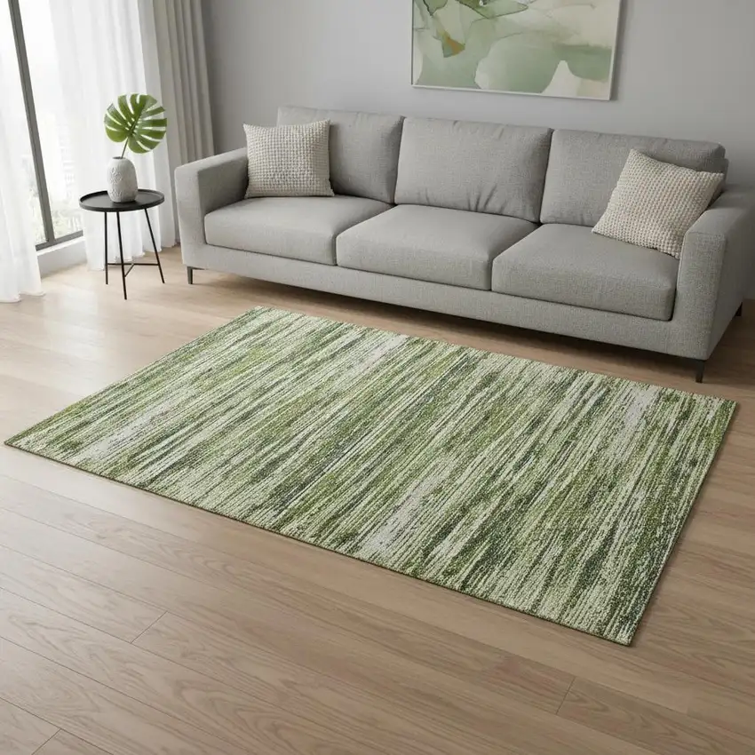 Olive Green And Beige Striped Washable Area Rug With UV Protection Photo 2