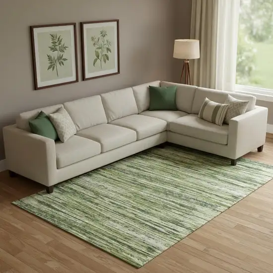 Olive Green And Beige Striped Washable Area Rug With UV Protection Photo 1