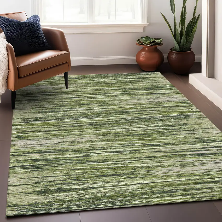 Olive Green And Beige Striped Washable Area Rug With UV Protection Photo 5