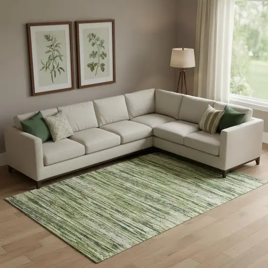 Olive Green And Beige Striped Washable Area Rug With UV Protection Photo 1