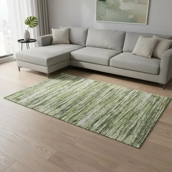 Olive Green And Beige Striped Washable Area Rug With UV Protection Photo 2