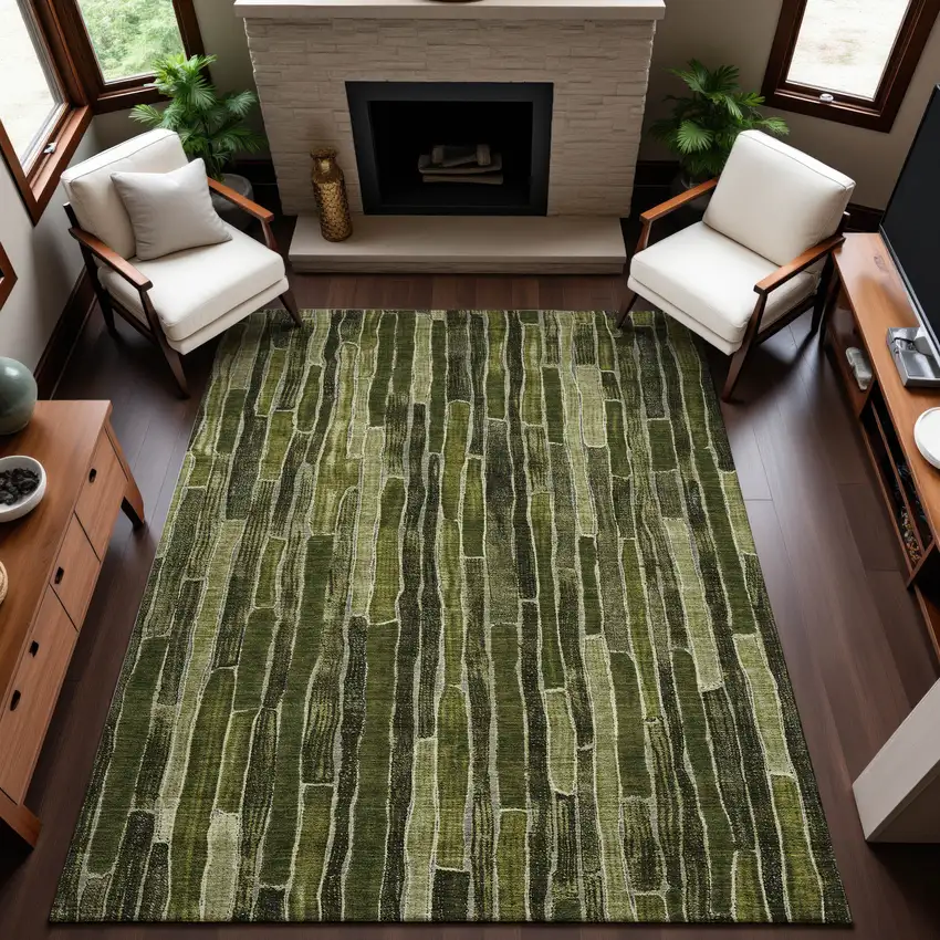 Olive Green And Beige Striped Washable Area Rug With UV Protection Photo 4