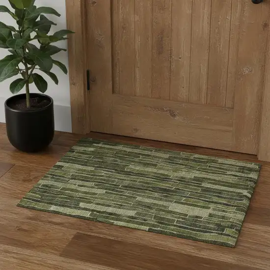 Olive Green And Beige Striped Washable Area Rug With UV Protection Photo 1