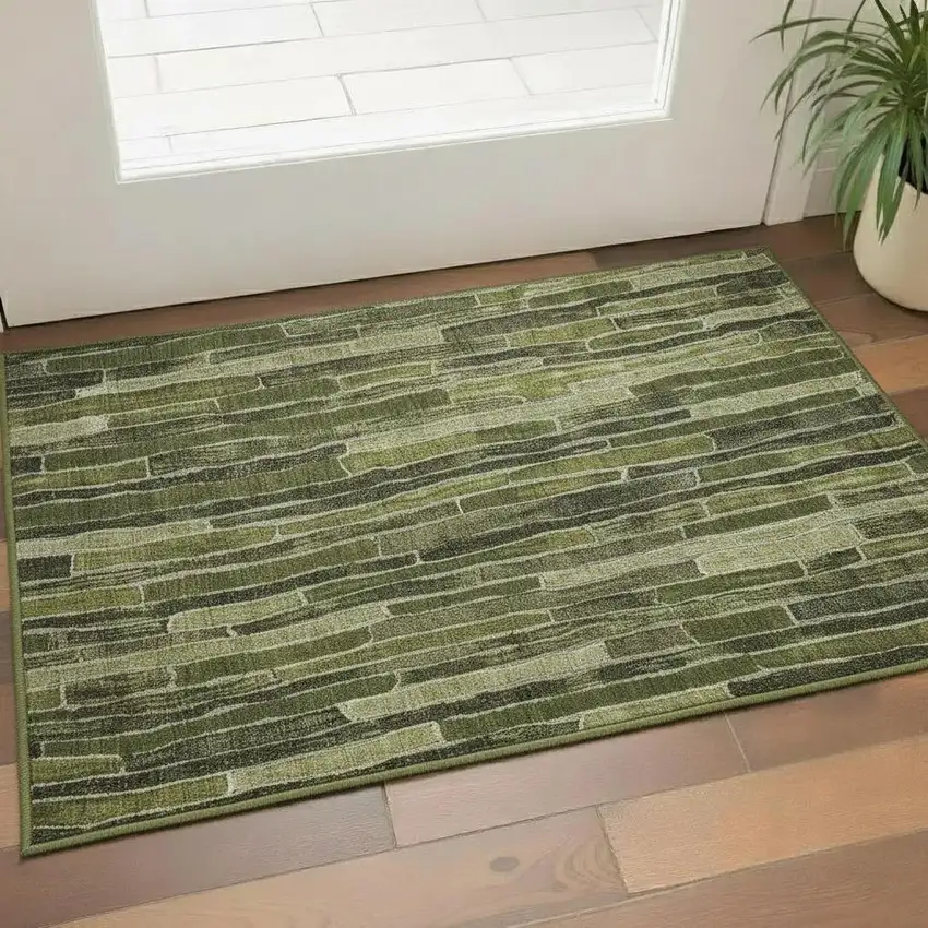 Olive Green And Beige Striped Washable Area Rug With UV Protection Photo 2