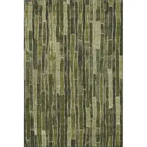 Photo of Olive Green And Beige Striped Washable Area Rug With UV Protection