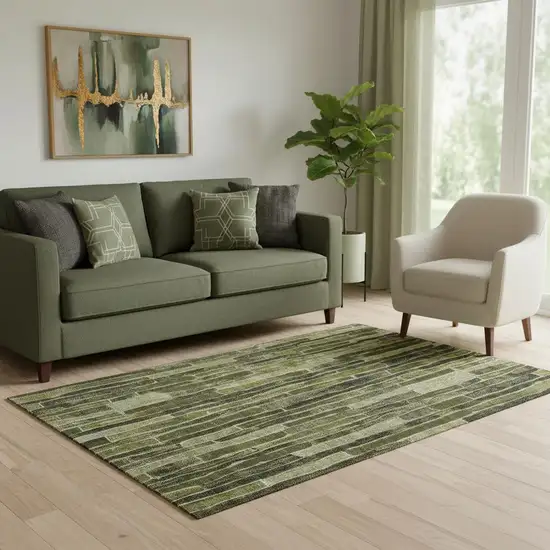Olive Green And Beige Striped Washable Area Rug With UV Protection Photo 2