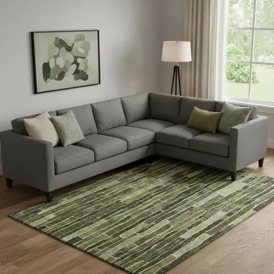 Olive Green And Beige Striped Washable Area Rug With UV Protection Photo 2
