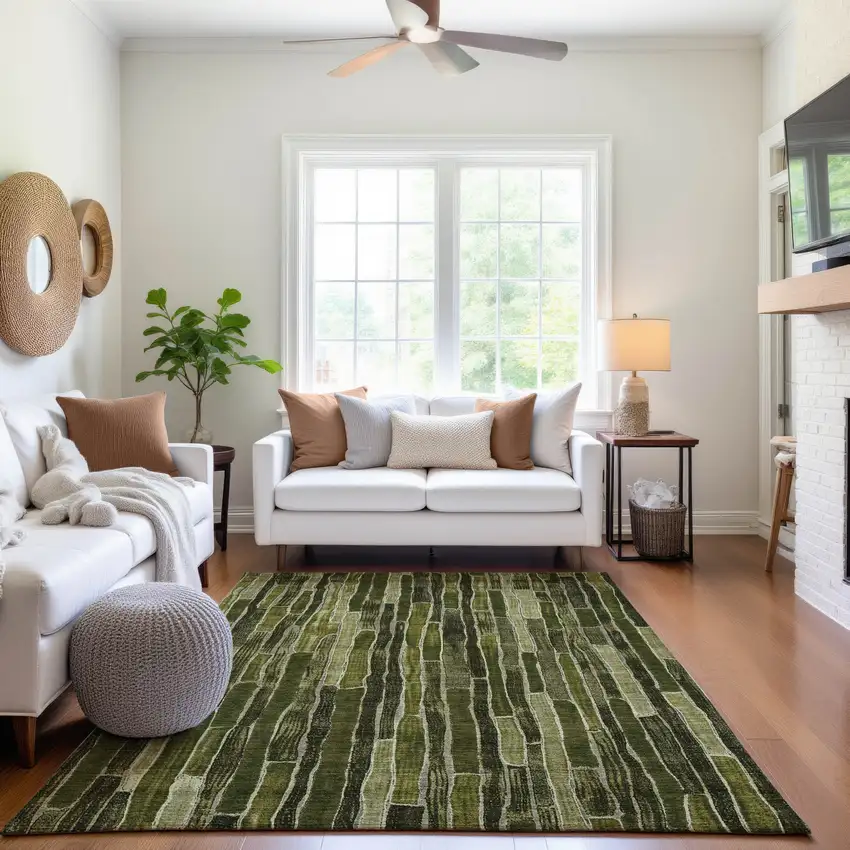 Olive Green And Beige Striped Washable Area Rug With UV Protection Photo 4