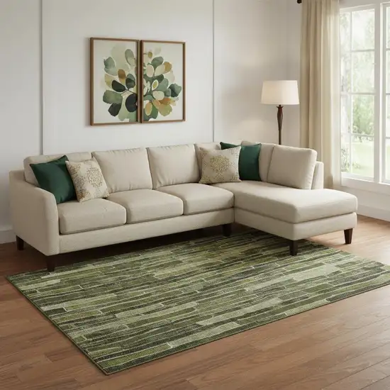 Olive Green And Beige Striped Washable Area Rug With UV Protection Photo 2