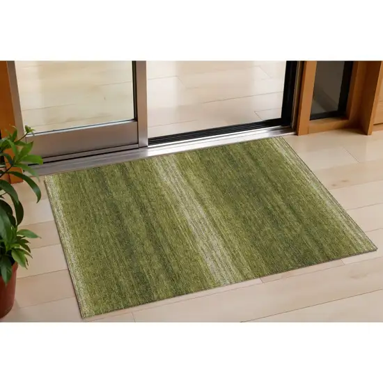 Olive Green And Beige Striped Washable Indoor Outdoor Area Rug Photo 1