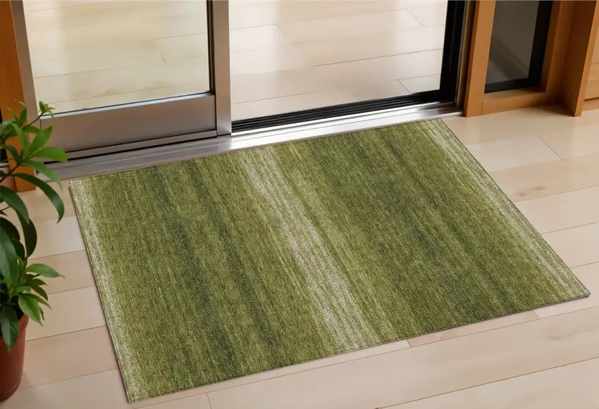 Olive Green And Beige Striped Washable Indoor Outdoor Area Rug Photo 1