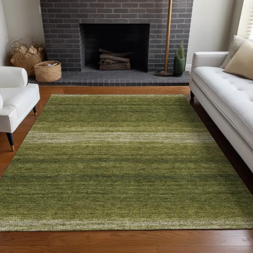Olive Green And Beige Striped Washable Indoor Outdoor Area Rug Photo 9