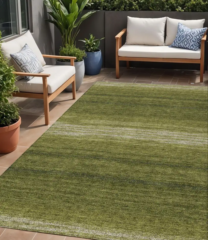 Olive Green And Beige Striped Washable Indoor Outdoor Area Rug Photo 1