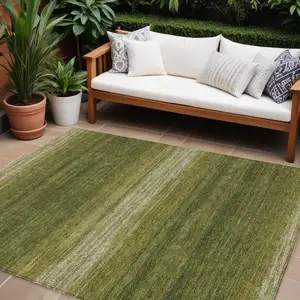 Photo of Olive Green And Beige Striped Washable Indoor Outdoor Area Rug