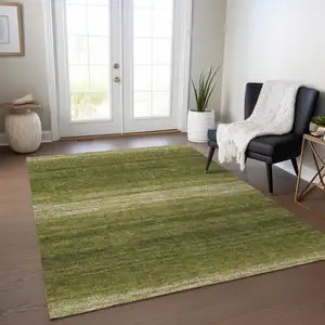 Photo of Olive Green And Beige Striped Washable Indoor Outdoor Area Rug