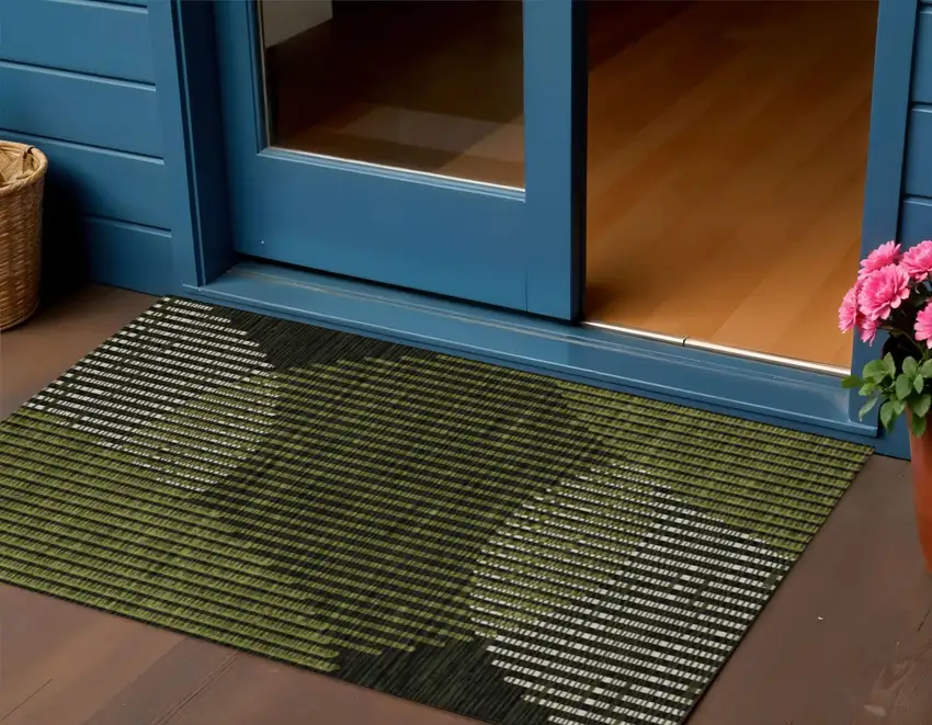 Olive Green And Black Geometric Washable Indoor Outdoor Area Rug Photo 1
