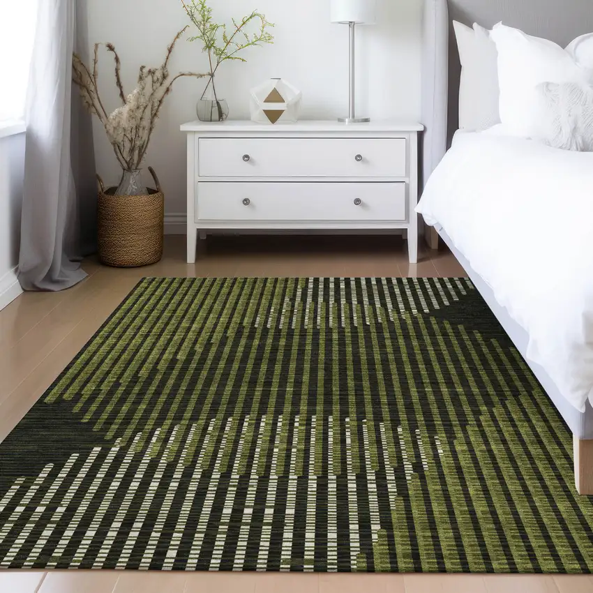 Olive Green And Black Geometric Washable Indoor Outdoor Area Rug Photo 9